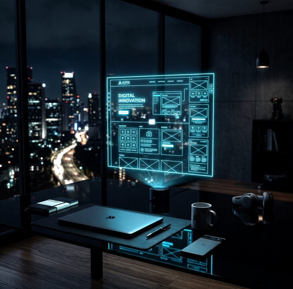 Proyección holográfica color cian de la estructura de un sitio web sobre un escritorio oscuro, representando la arquitectura digital y desarrollo web de Numberova.